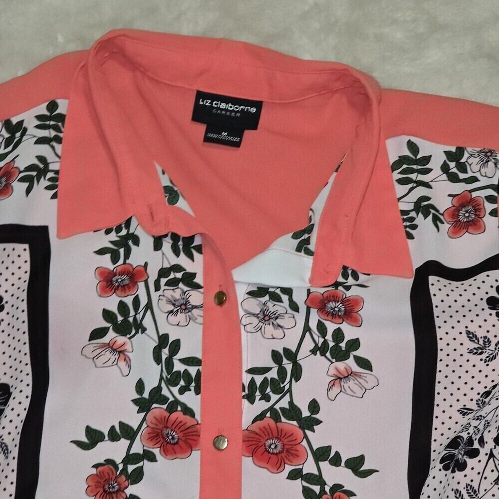 Liz Claiborne Career Floral Button Blouse Women’s Medium Long Sleeve Coral Black - Picture 4 of 10